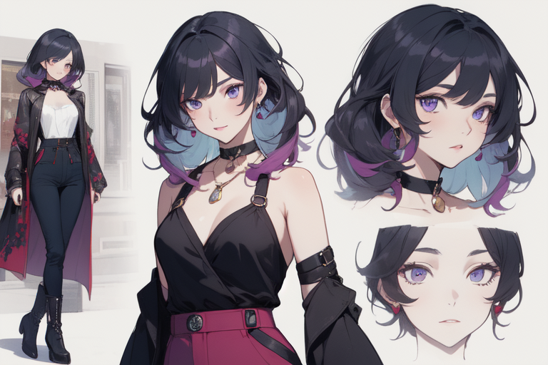 Anime girl with long dark blue hair and purple eyes and 2 black wings  wearing all black