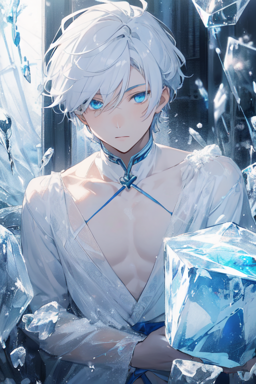 An teenage anime boy with white frosty hair, glowing blue eyes, a