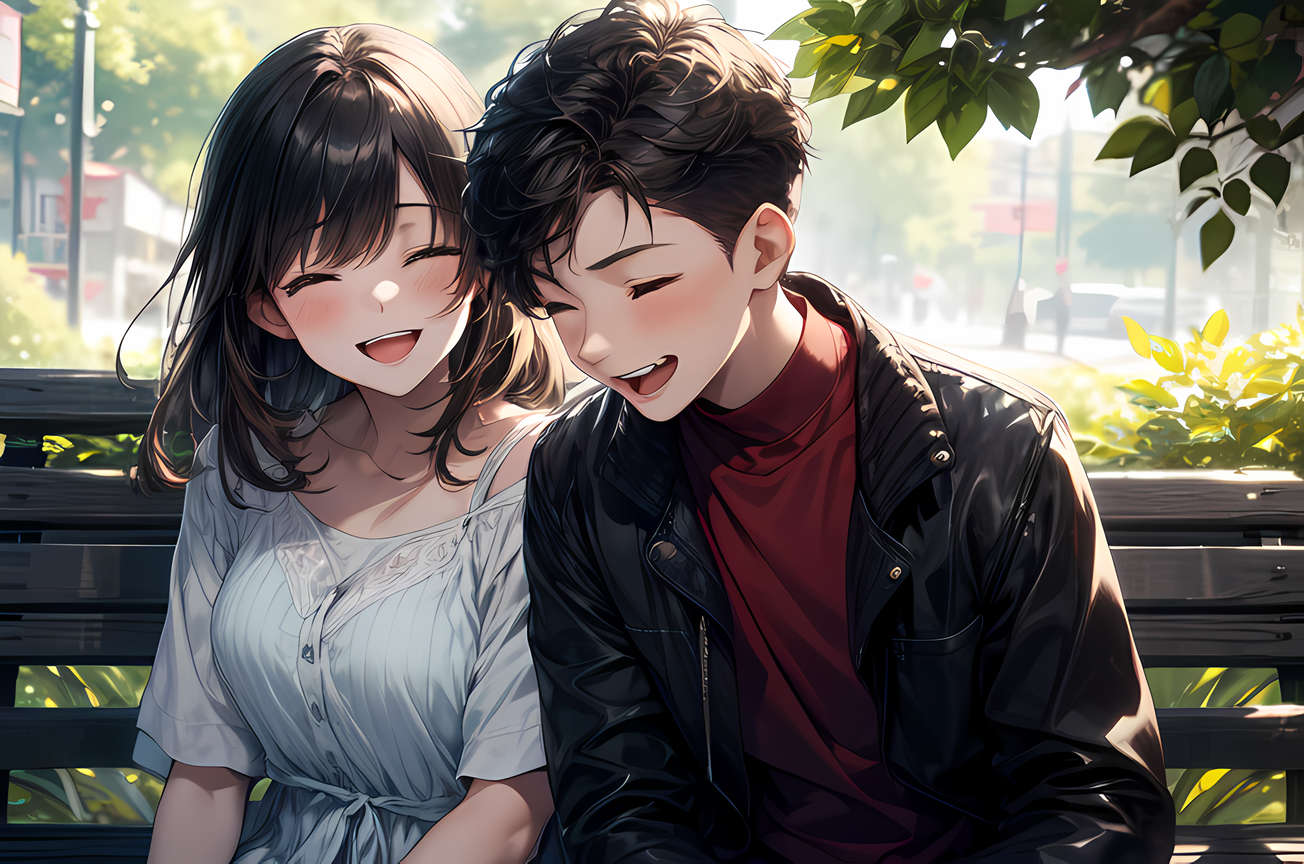 A lovely anime couple that kiss on a bench, Cartoon 