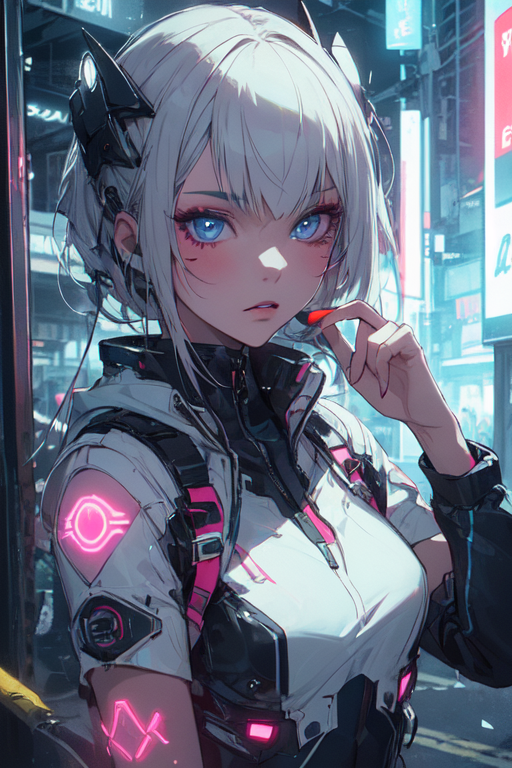 Cyberpunk anime characters with blue hair and neon glow