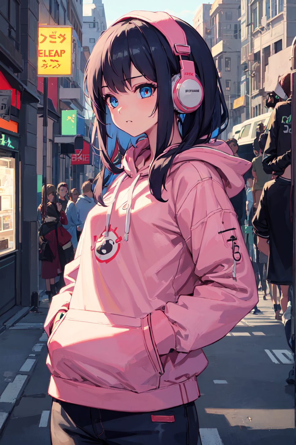 Anime girl with outlet headphones and hoodie