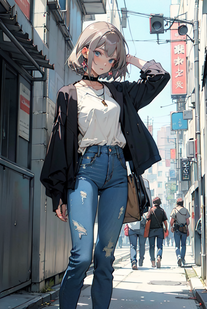 anime girl short hair, wearing kawaii shirt and jeans, casual