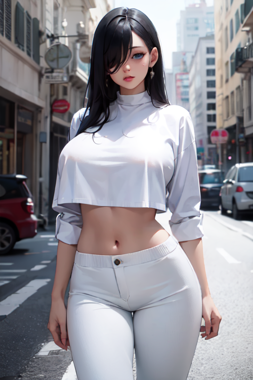 women, AkaTsuki (Artist), fit body, underboob, Asian, long hair, big boobs,  looking at viewer, AI art, bra top, open shirt, jeans, illustration,  digital art, portrait display
