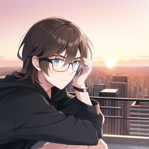 Dark anime male, on building rooftop, detailed backg