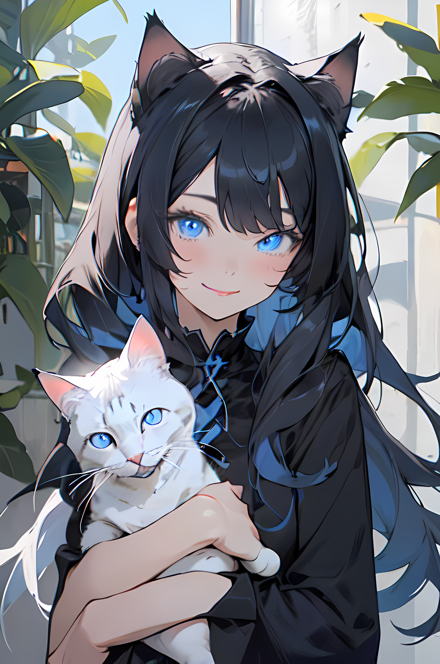 Anime girl deals with cat