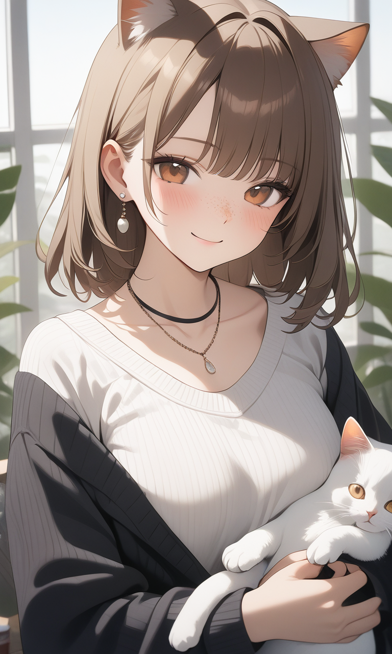 AI Art: 可愛い女の子と白い猫 by @賢い紅スケーター様 | PixAI