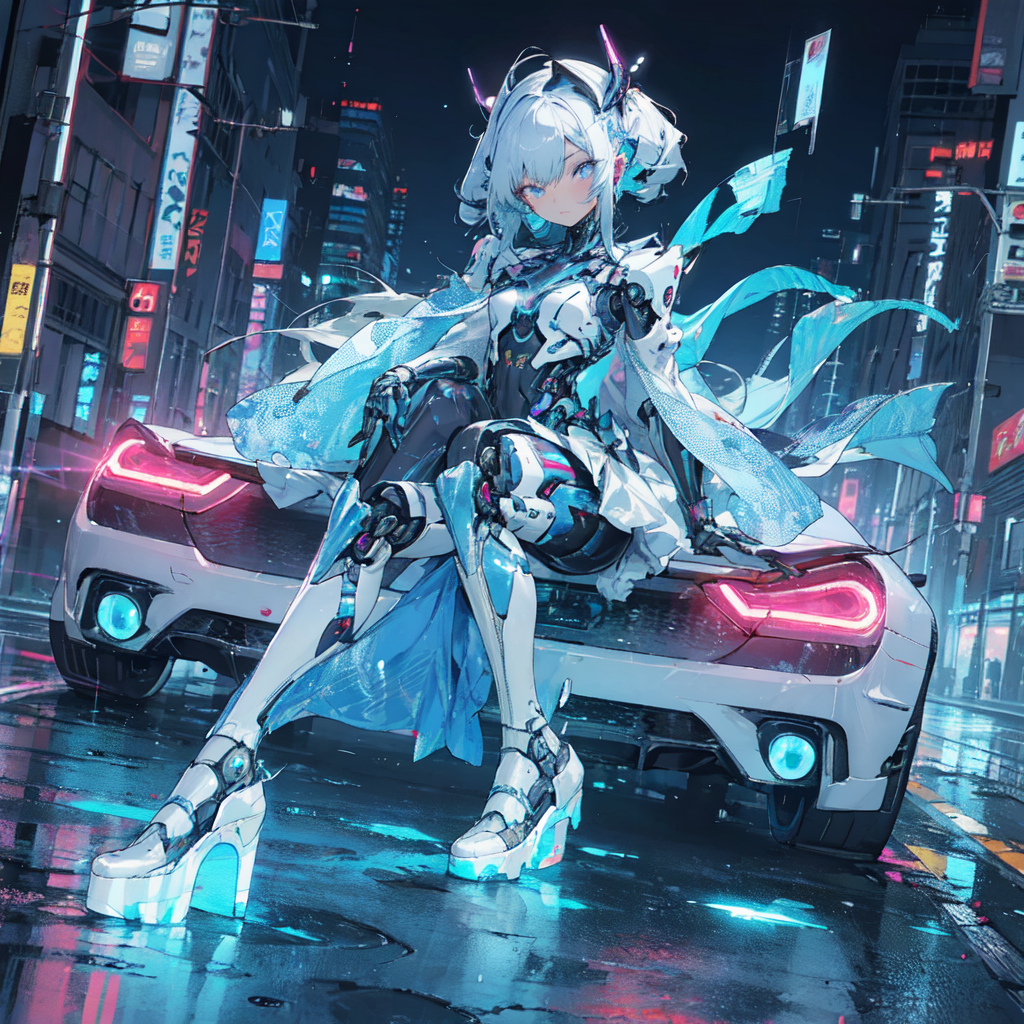 作品名稱: 1 anime robot girl, dance pose, futuristic car, holographic outfit,  night futuristic street, glitch effect 作者@LinkarlCreativ. 02 | PixAI