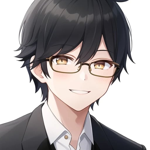 Smiling anime boy with dark hair and golden eyes
