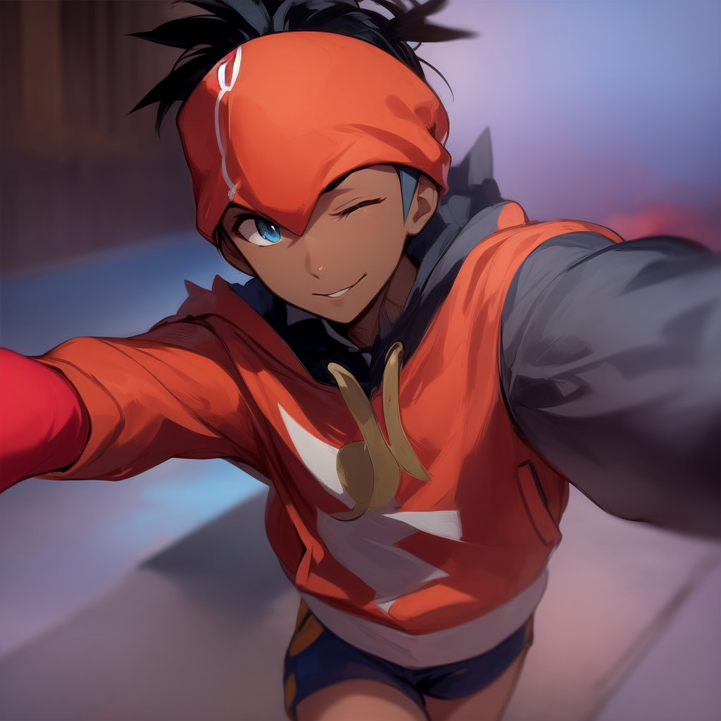 A POKéMON Trainer with a red jacket on a black T-shi