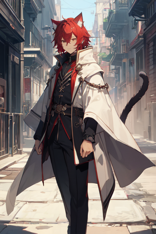 Cyberpunk anime character with red hair and cat ears