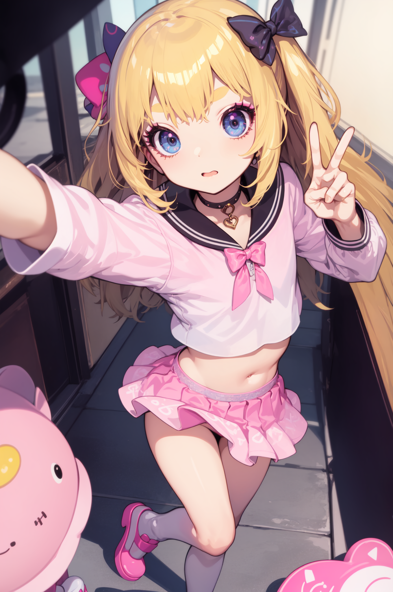 AI Art: Blonde hair blue eyes, cute / pink selfie ( + high res ) by @Q-Tea  | PixAI