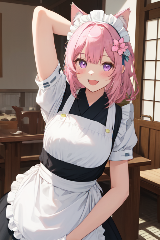 AI Art Pink haired Cat Girl in a Kimono style Maid Outfit by SlyBlueRogueII PixAI