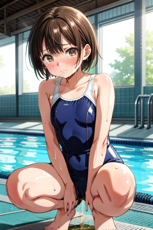 AI Art: Kobayashi Chihiro peeing while wearing a school swimsuit