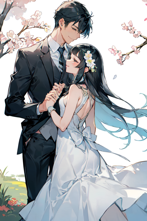 Anime, couple, black dress, handsome, gorgeous