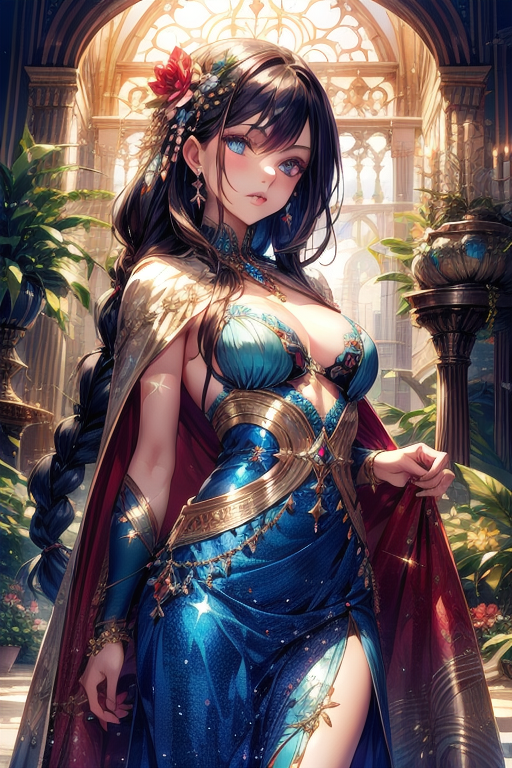 AI art  generated for keywords solo, flower, long hair, hair ornament, medium_breasts, sparkle, cleavage, standing, jewelry, hair flower, black hair, cape, lips, looking at viewer, braid, dress, plant, 1girl, seductive, delicate