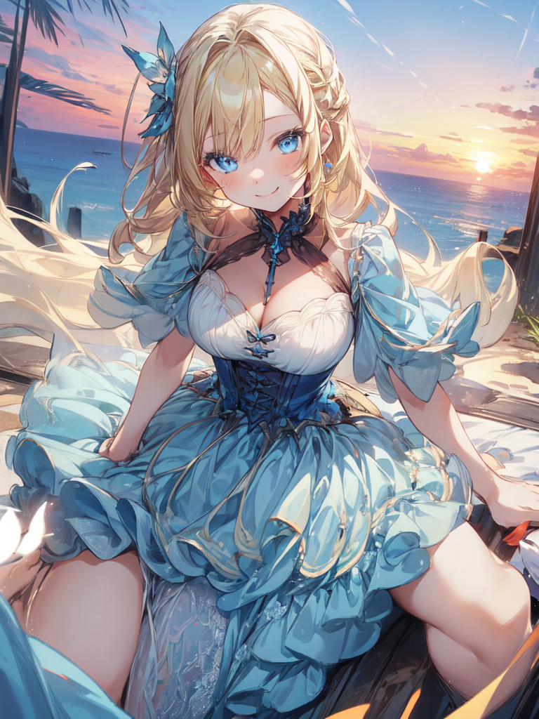 Dark blonde hair, mid hairlength, cute waifu, side bangs, wavy hair, blue  eyes, look over the shoulder, anime style, subtle smiling, natural  lipstick, round face