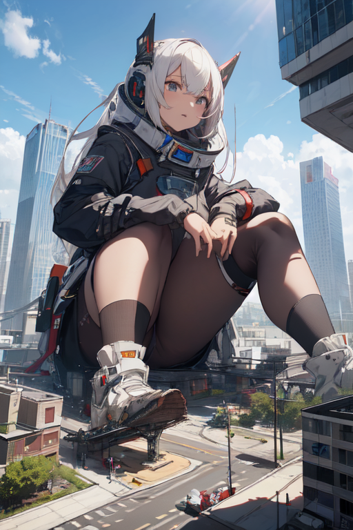 AI Art: giantess sitting in the city by @Kot Teika | PixAI