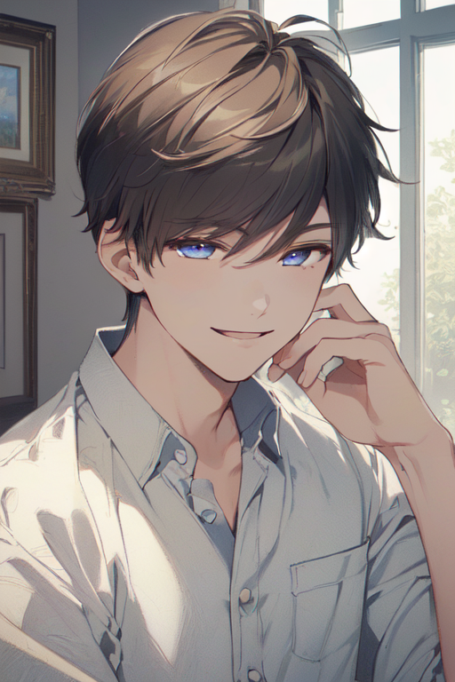 Anime-style man with closed eyes and a smile