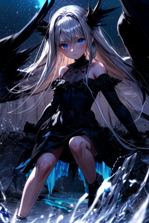 Anime girl, with black dress, long black hair and a silver crown