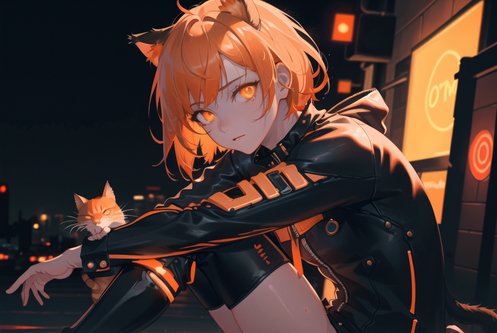 Cyberpunk anime character with red hair and cat ears