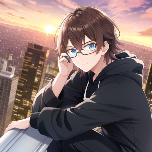 Dark anime male, on building rooftop, detailed backg