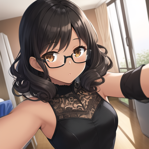 Illustration of a dark-skinned anime girl with glasses and curly hair