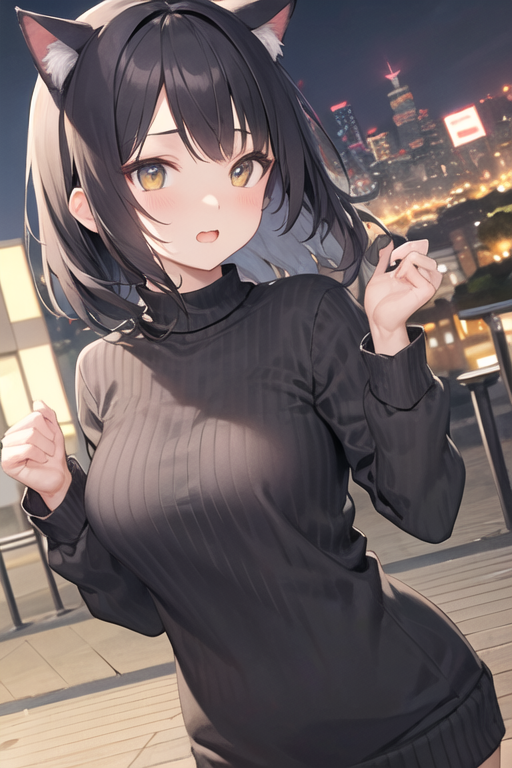 AI Art a adorable cat girl with black hair and black sweater.a adorable face expression and body expression.in the night city of Tokyo Japan by anonymous 1682345760520074564 PixAI