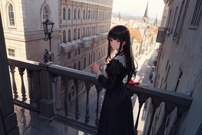 Premium AI Image  Anime girl with long black hair standing on a balcony  railing generative ai