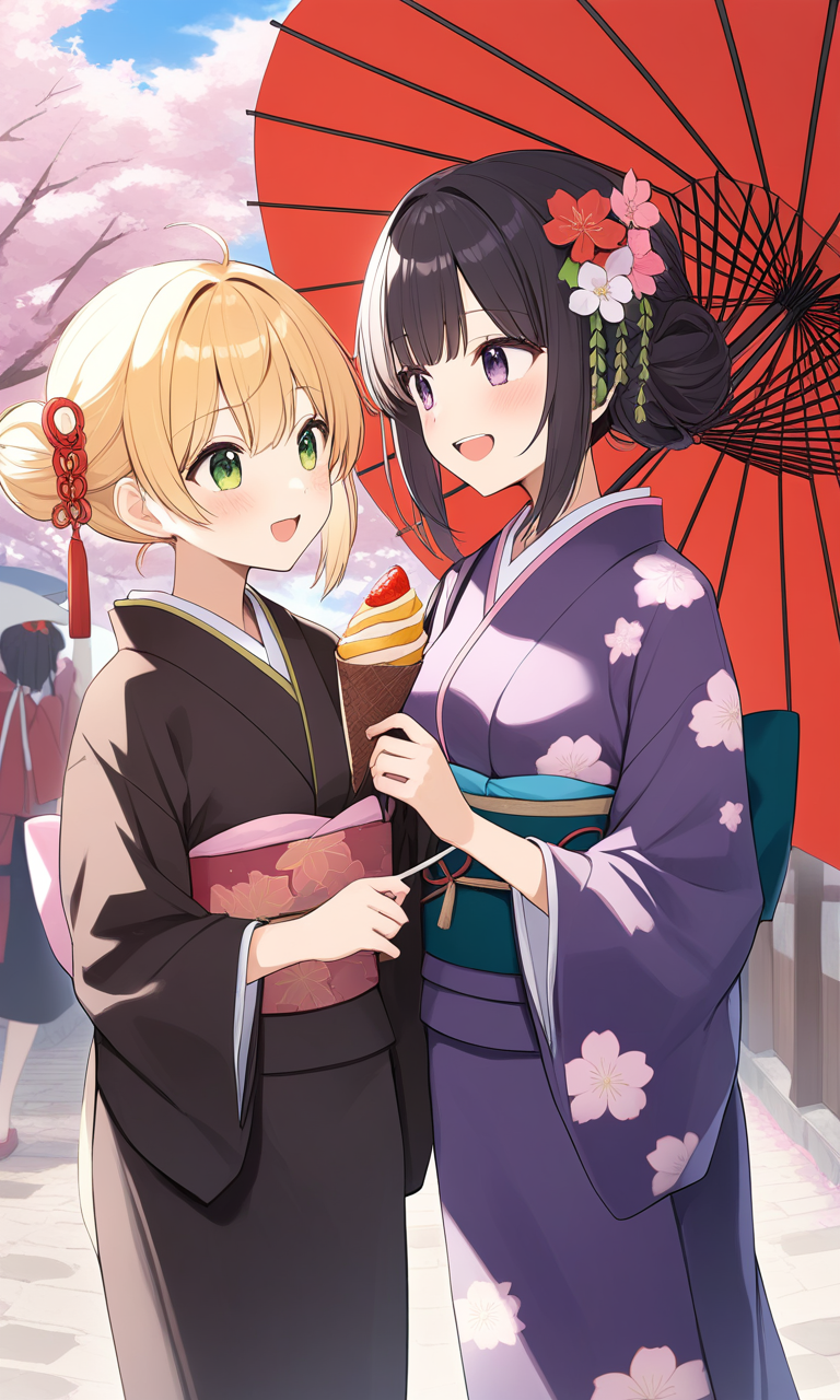 AI 아트: A Playful Encounter: Tomoko and Emiri in Their Cherry-Blossom  Kimonos 작성자: @ProudWarriorII | PixAI