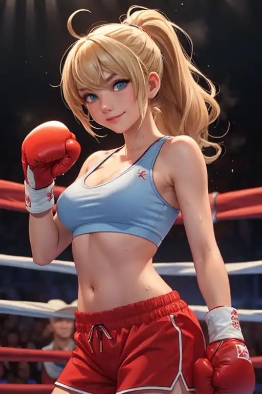 Mature female boxer、Ponytail with black hair、Brown-skinned、Black sports bra  and shorts、Boxing gloves、With keen eyes、Boxing stance、waist line、 - SeaArt  AI