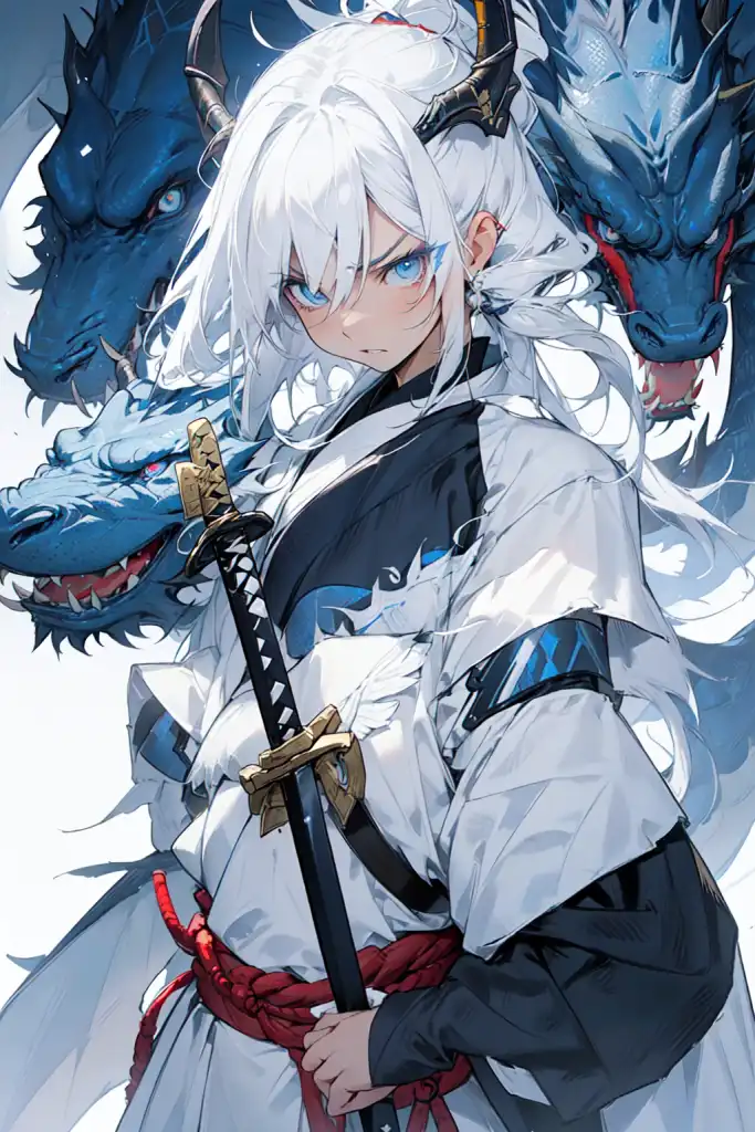 Anime girl, white hair, samurai