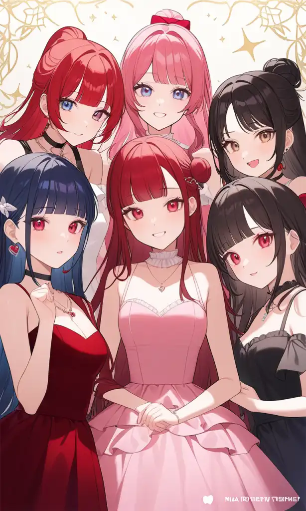 AI Art: 「red velvet」 - 5人の女の子が写真を見つめています。 by @美しい銀忍者さん | PixAI