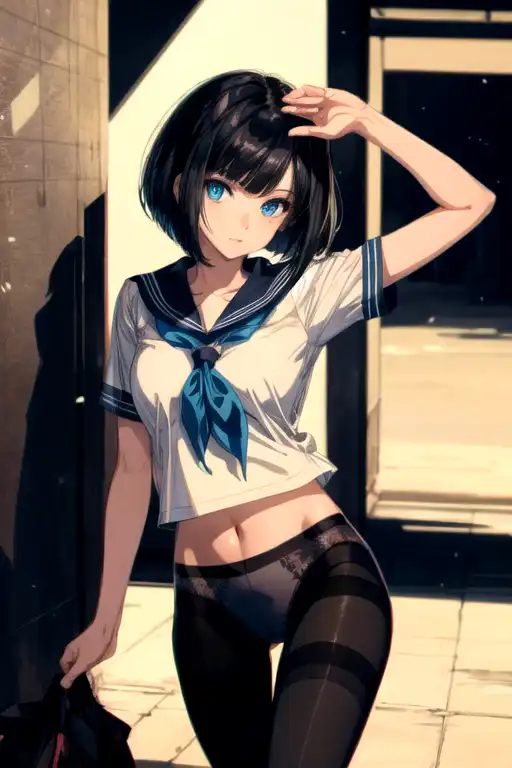 AI Art: ㊼bob cut & Sailor shirt & No skirt & Panties under