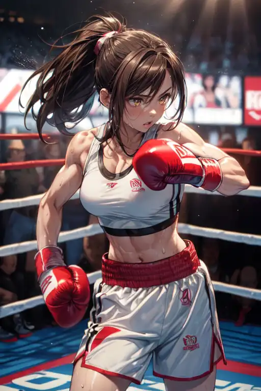 Mature female boxer、Ponytail with black hair、Brown-skinned