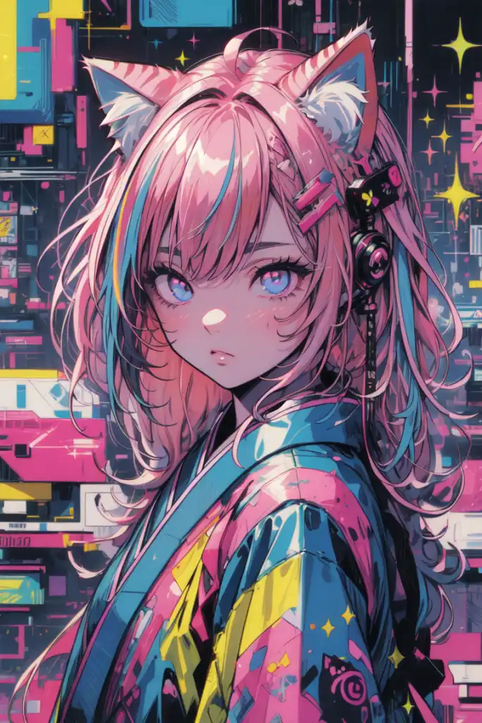 AI Art: Neon Punk Wolf girl by @Cyber Wolf