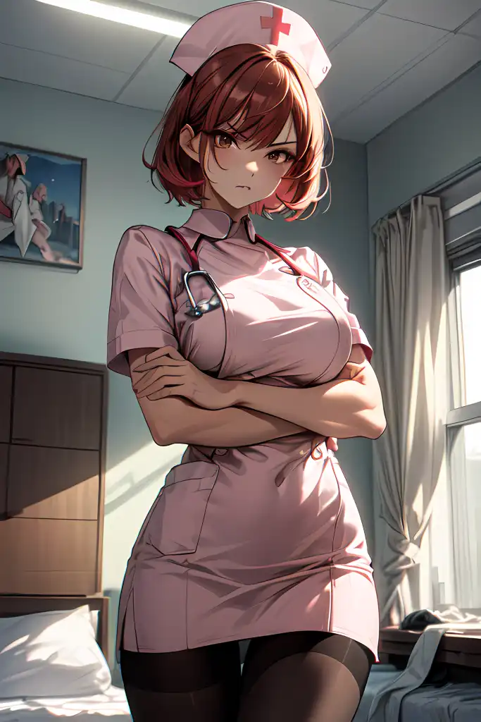 nurses, Gentsuki, brunette, big boobs, red eyes, anime, anime girls,  digital art, artwork, 2D, portrait display, nurse outfit