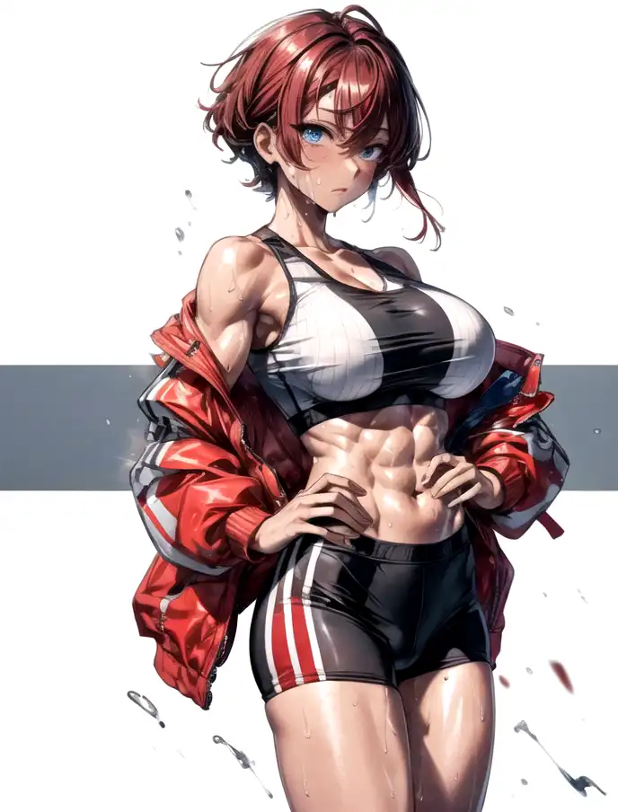 6-pack, abs, toned female, biceps, strong woman, big boobs, flexing,  muscles, muscular, anime girls, artwork, bikini