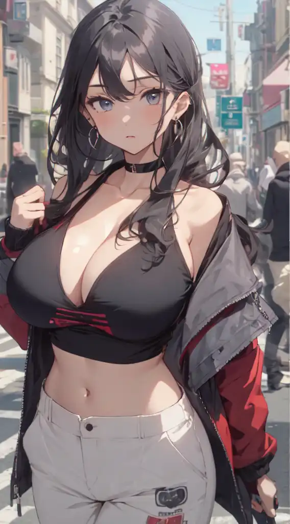 Asian, underboob, women, big boobs, belly, belly button, looking at viewer,  long hair, AI art, portrait display, choker, black hair, brown eyes