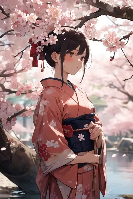 Japanese Girl in Kimono Under Sakura Tree by AI-MadeMasterpieces