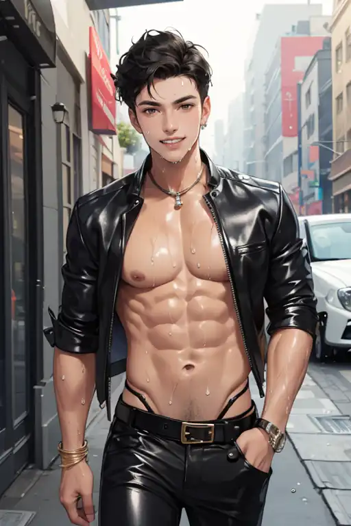 Ai Art A Young Man In A Black Short Leather Pants And No Shirt 1boy Male Focus Outdoors 7685