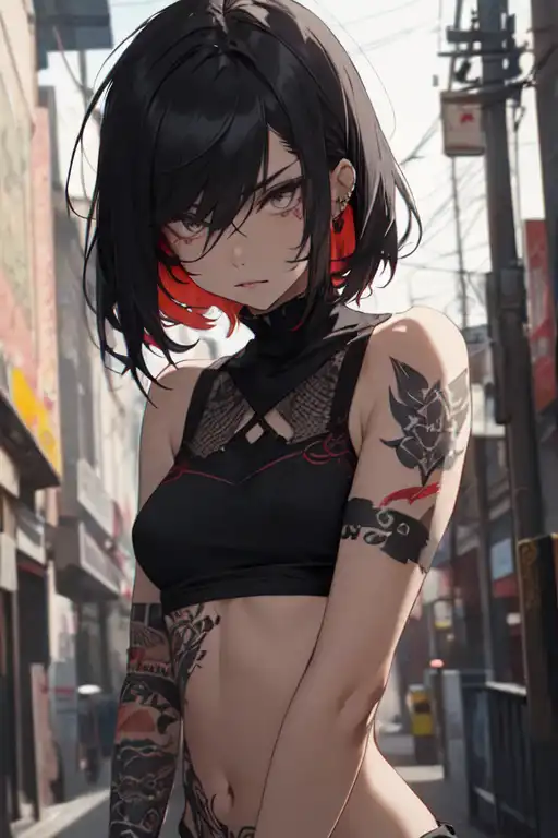 Cartoony goth girl short black hair with red eyes, tattoos