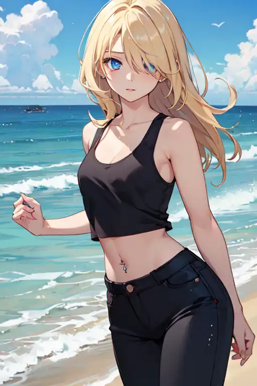 Anime,beach,lightskin,cute girl,blonde hair,blue bra,blue pantri 