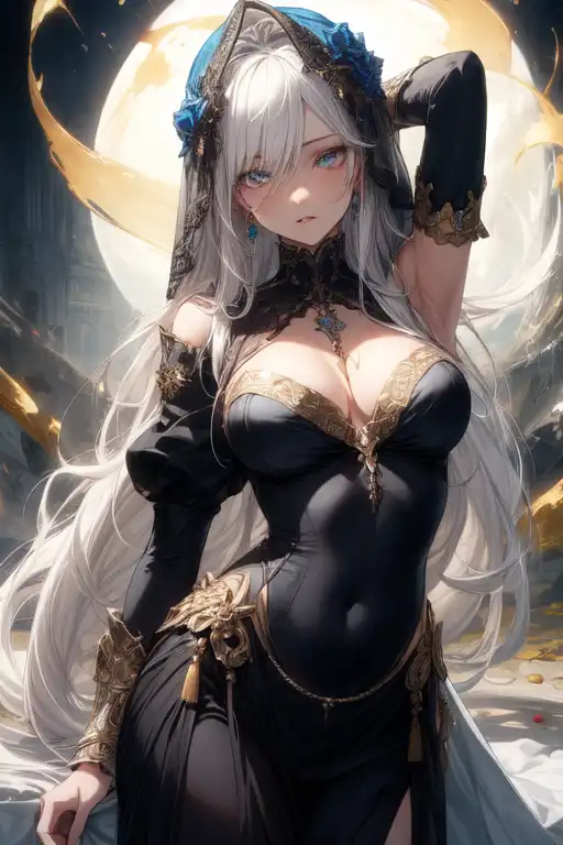 AI art White, gold and blue #4 generated for keywords (masterpiece), (best quality), (ultra-detailed), (masterpiece), (best quality), (ultra-detailed), jewel like eyes, very long hair, messy hair, (white hair), yellow eyes, trasparency cloth, (detailed eyes), smooth skin, black background, upperbody, vortex, parted lips, (gold and blue), bare navel, gold chains, beautiful detailed eyes, medium breasts, face veil, sexy slave dress, more_details:0.5, 