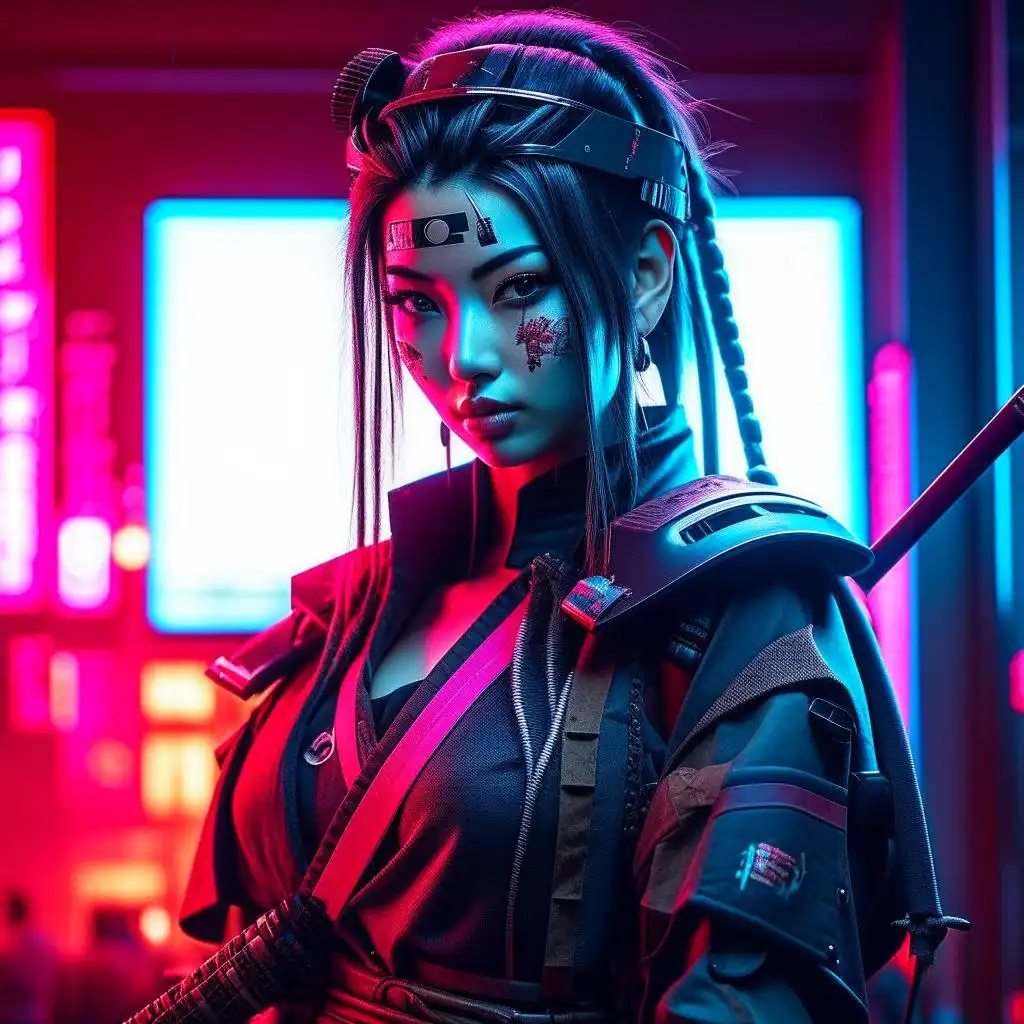 AI Art: Cyberpunk Samurai Girl By @Андрей Ворон | PixAI