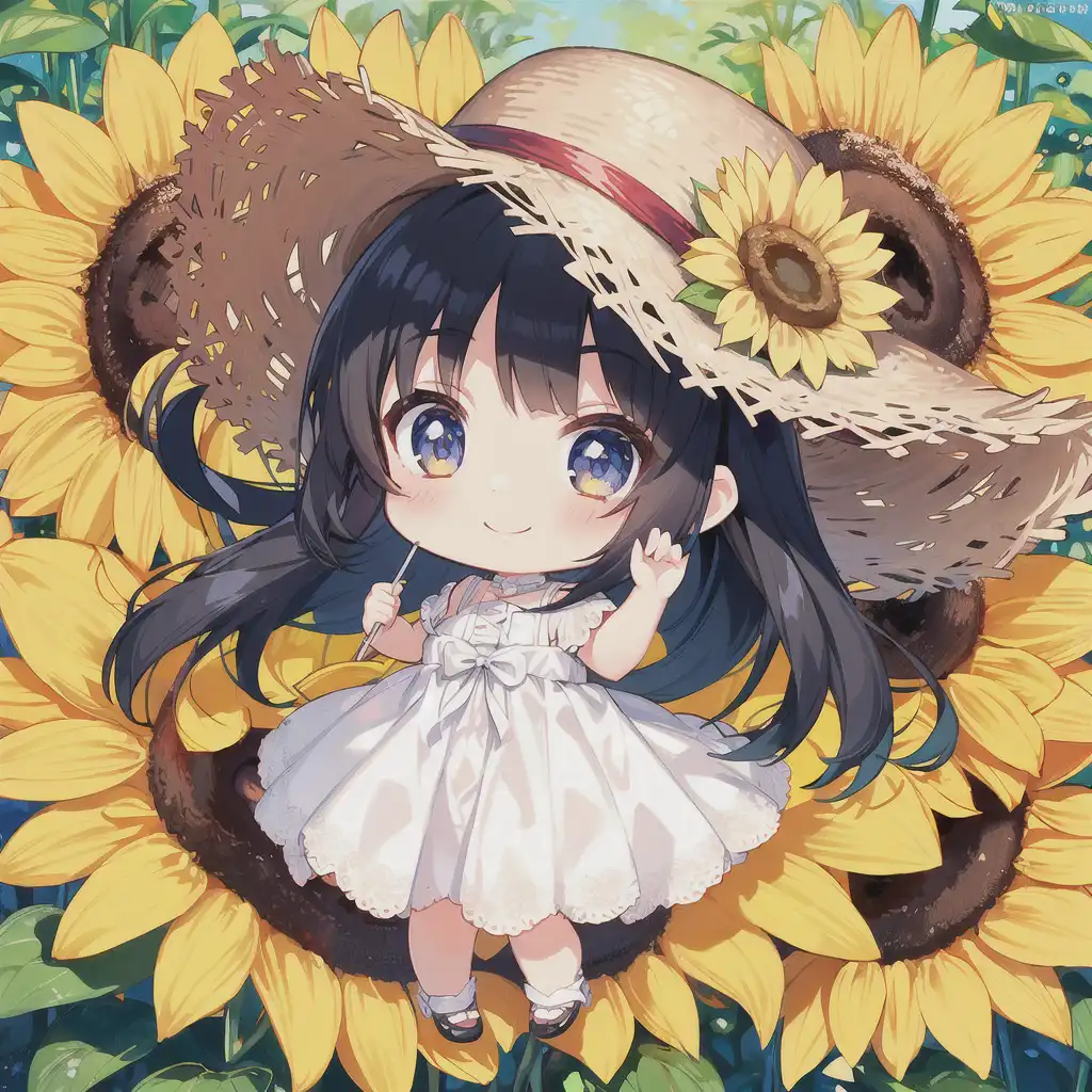 anime girl wearing straw hat holding a sunflower