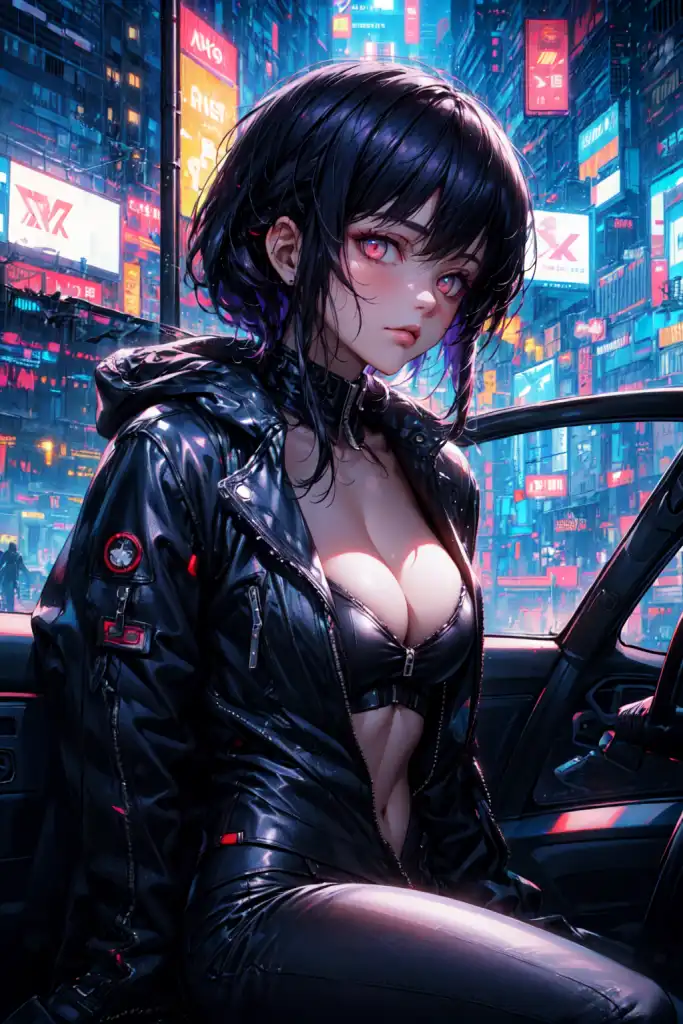 looking at viewer, anime, anime girls, leather tights, cyberpunk, portrait  display, AI art