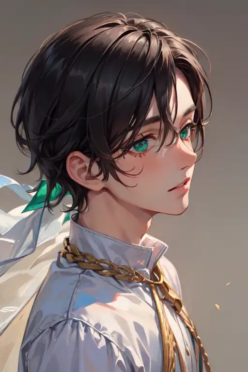 Anime-style male character with emerald green eyes and black hair