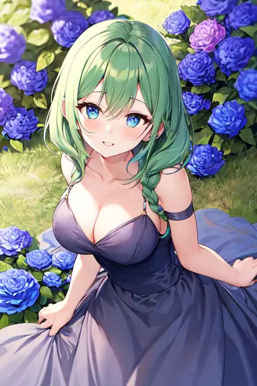 Anime girl pfp green hair blue flowers