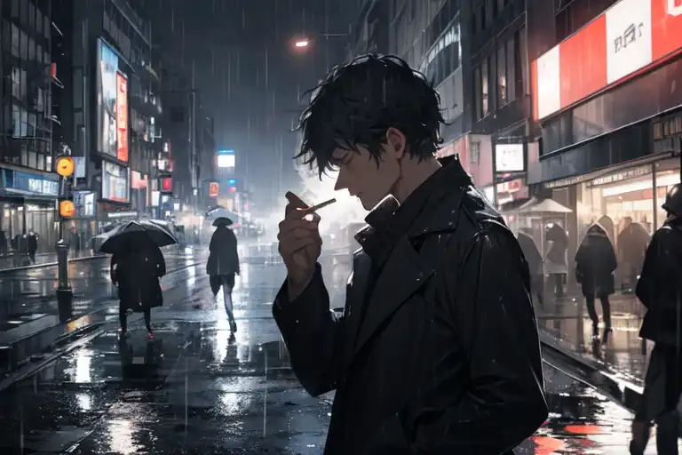 Anime eboy smoking in the rain