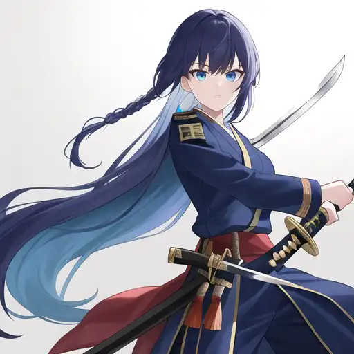 Premium AI Image  A girl with a sword in her hair and a blue sash with the  words  the name of the anime  on it.